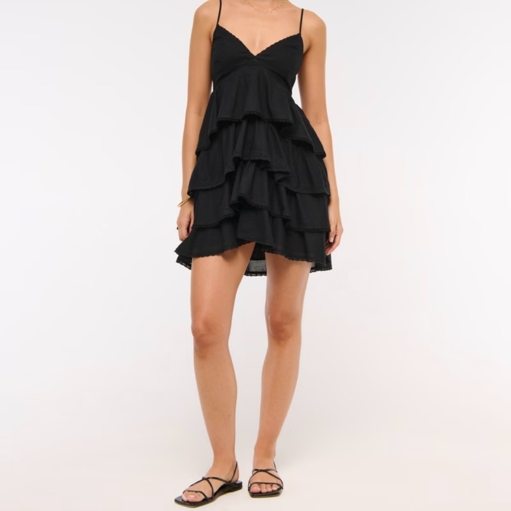 ENTRO Black Ruffle Layered V-Neck Mini Dress Sleeveless Polyester S